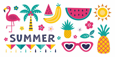 Fototapeta premium Colorful summer illustration featuring tropical fruits flamingos and sunglasses