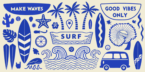 A vibrant blue and beige illustration showcasing summer and surfing motifs © Raben
