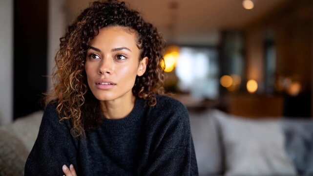 Multi ethnic woman sitting alone on sofa looking around in the empty house, separation and loneliness concept