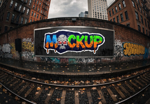 Billboard On A Graffiticovered Subway Wall Mockup
