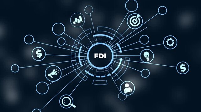 Neon light infographic diagram illustrating FDI business concept with icons and text foreign direct investment