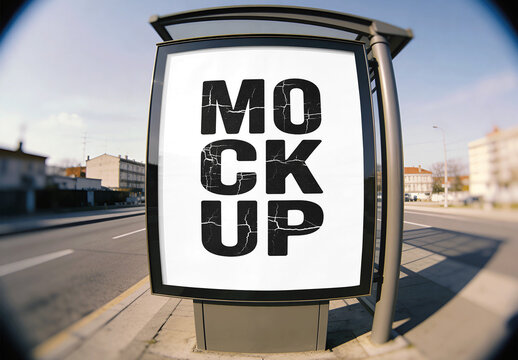 Bus Stop Billboard Mockup Fisheye Shot