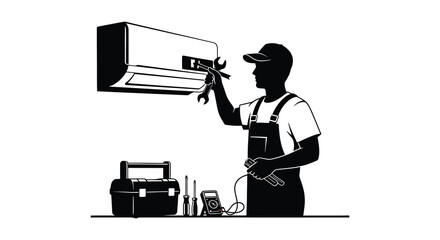 An air conditioning technician repairs a unit with a wrench depicted in a striking black silhouette high quality professional detailed modern © GDSneha02
