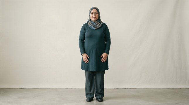 Overweight Middle Eastern Muslim woman with Cushing's syndrome symptoms like rounded cheeks and tired eyes standing against neutral backdrop