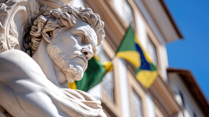 Stone bust depicting historical figure, symbolizing Brazilian independence and national identity on a traditional building facade, with Brazil flags waving behind