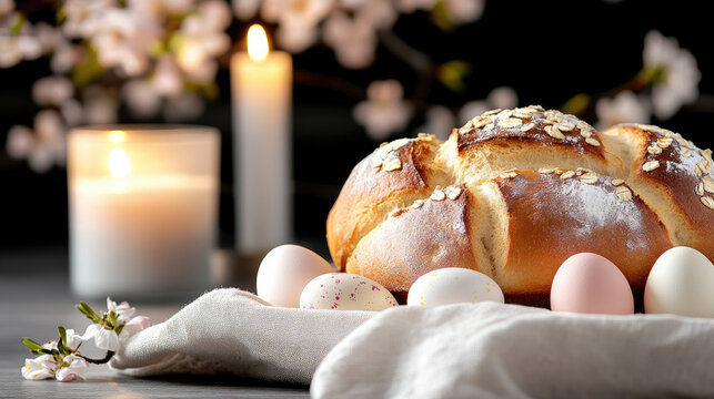 Traditional paska bread with golden brown crust and scored top, arranged with two pastel eggs and white spring blossoms on a rustic table in warm window light. Easter Monday