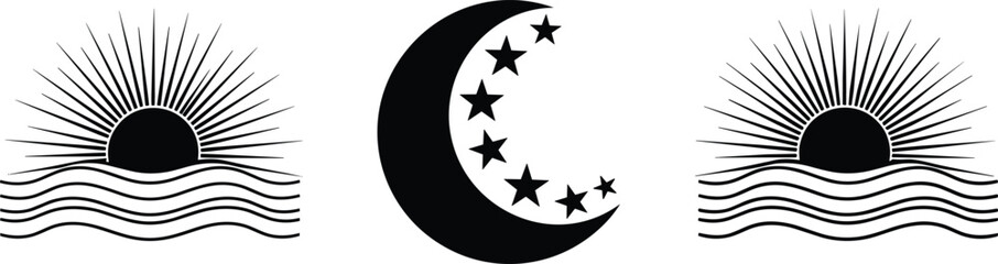Obraz premium Sunrise Sunset and Crescent Moon with Stars Black Silhouette Icons Set Day and Night Vector Illustration Isolated on White Background