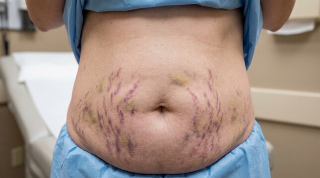 Cushing's syndrome symptoms featuring close up of abdomen with pronounced purple stretch marks and bruising, central obesity, medical examination room background