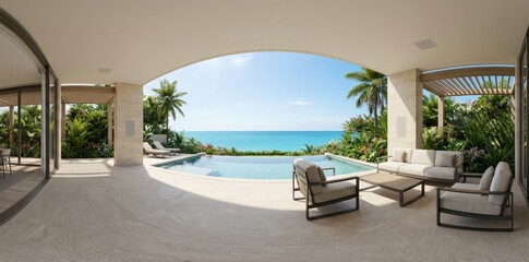 Fototapeta premium Stunning modern villa with an infinity pool overlooking a pristine turquoise ocean, surrounded by lush tropical gardens. Perfect for luxury resort and vacation themes.