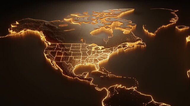 Glowing contour map of North and Central America, illuminated with a warm golden light