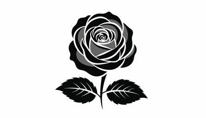 A large black rose with two leaves stands alone on a white background in FGFGF 33 style © dale