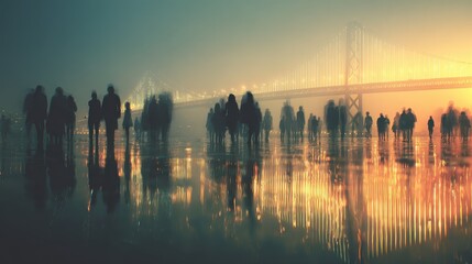 Anonymity faceless society moving together across shining ground reflecting connection and isolation close up documentary theme realistic Composite metropolitan bridge backdrop. 