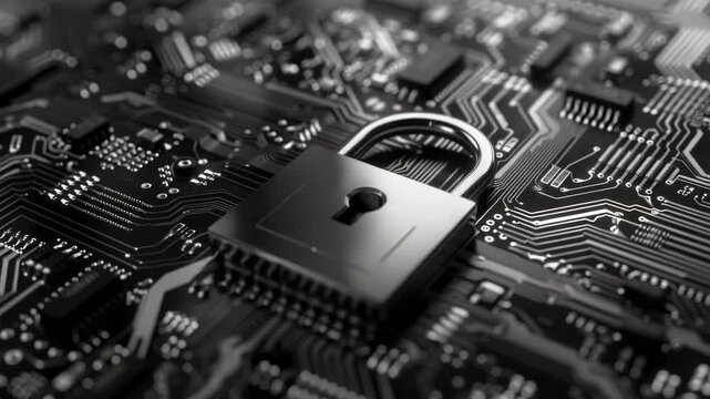 Close-up of a circuit board with a digital lock symbol superimposed in the center, emphasizing security and encryption concepts.