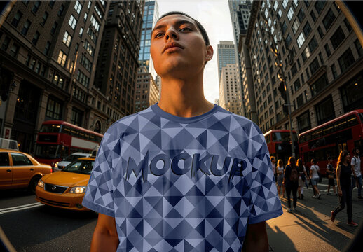 Fisheye A Model Wearing A T Shirt In City Mockup