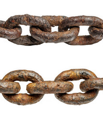 Fototapeta premium Close-up view of rusty, weathered metal chain links, conveying strength and decay. isolated on transparent background