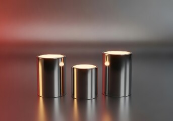 Three metal cylinders with glowing tops on a reflective surface with a blurred background.