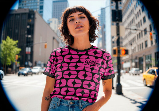 Fisheye Of A Woman Wearing A T Shirt Mockup In City