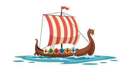 A vibrant illustration depicts a traditional viking longship sailing on blue water showcasing a detailed silhouette high quality professional modern elegant © CreativeAlim02