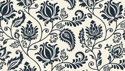 A beautiful floral pattern with intricate designs and shapes on a cream background.