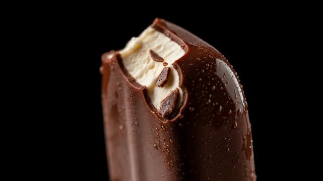 Close-up of a Bitten Chocolate-Covered Ice Cream Bar on a Dark Background.