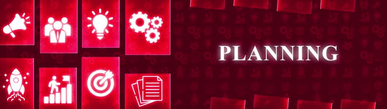 Business concept of planning with icons of megaphone, team, lightbulb, gears, rocket, growth chart, target and documents on red background