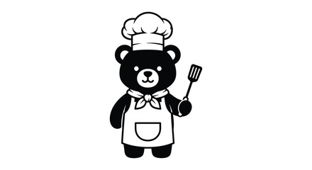A charming black bear stands as a chef holding a spatula and wearing a toque presented as a silhouette high quality © CreativeAlim02