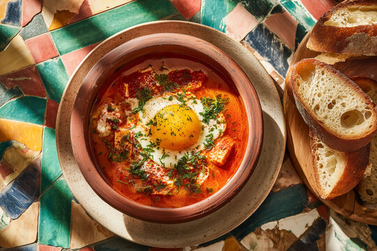 top view of traditional lablabi chickpea soup with egg and harissa on tiled table in tunisian setting