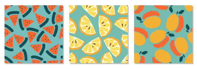 Fototapeta premium Set of seamless tropical fruit patterns in flat minimalist vector style. Repeating backgrounds featuring peach, lemon, watermelon and citrus shapes in bold summer colors