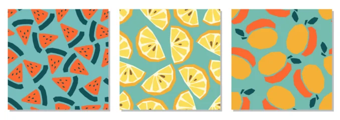 Set of seamless tropical fruit patterns in flat minimalist vector style. Repeating backgrounds featuring peach, lemon, watermelon and citrus shapes in bold summer colors © C Design Studio