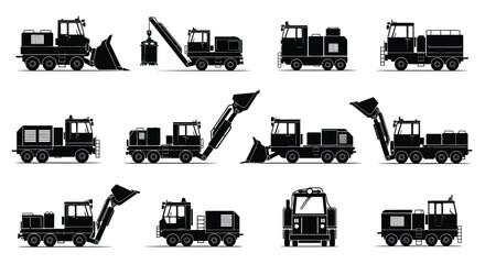 Construction Machinery Icon Set Black Silhouette Illustration © Pitiyage