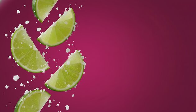 Falling lime slices and salt crystals on a magenta background