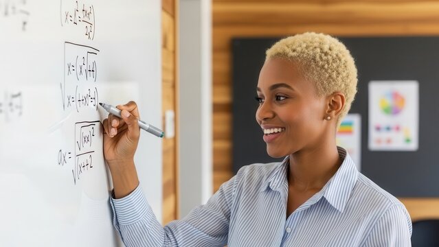 Woman writing math equation on whiteboard
