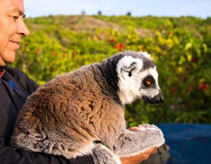 Man holds lemur in arms outdoors