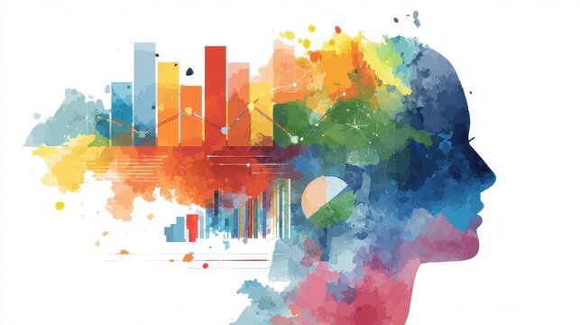 Business analytics flat design side view technology theme watercolor Triadic Color Scheme. 