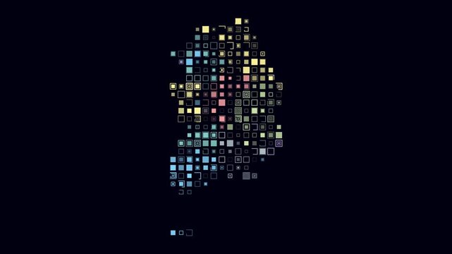 Republic of Korea animated country shape. Pulsating colored dots on the map of the country. Large size square blocks. Digital style Republic of Korea map on dark background. Classy animation video.