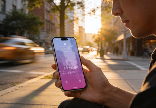 Person Holding Smartphone Mockup On City Street