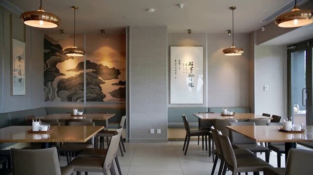 Modern Asian restaurant dining area with wooden tables and chairs