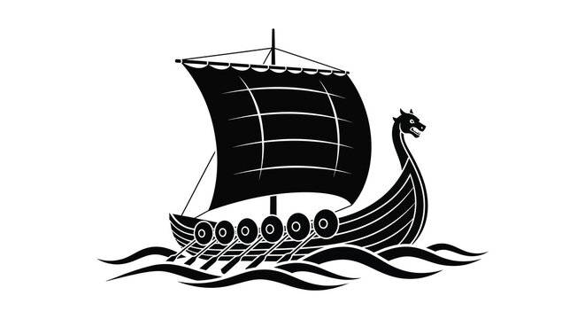 A striking black silhouette depicts a traditional viking longship sailing on wavy water showcasing nordic design silhouette high quality professional detailed