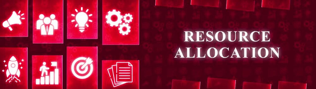 Business concept of resource allocation with icons for communication teamwork ideas and strategy on a red background