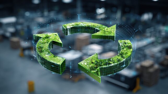 Circularity resource loop system turning waste into value and addressing supply chain complexity concept pros and cons selective focus zero waste theme surreal blend mode recycling center backdrop. 