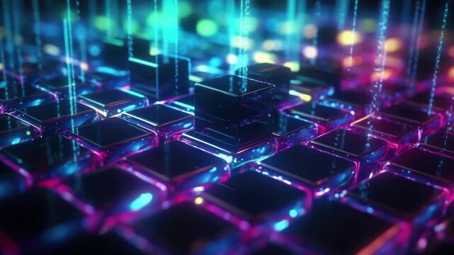 A modern keyboard with vibrant neon lights. Focused on keys and backlighting.