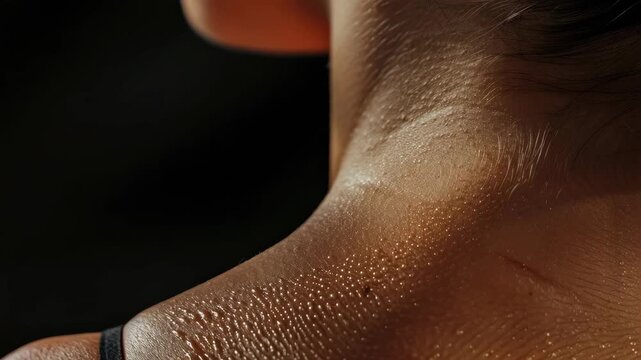 A detailed showing the skin texture and moisture on someone's neck area after exercise or physical exertion.
