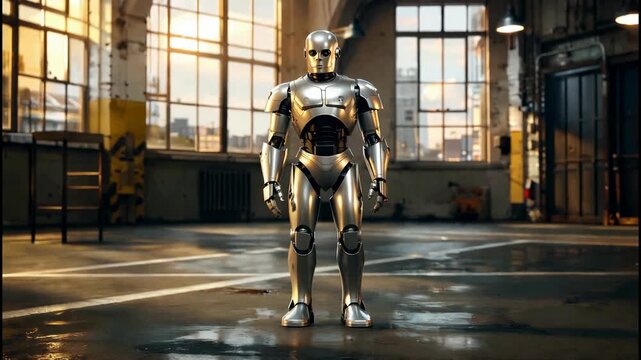 A sleek, humanoid robot stands confidently in a weathered industrial setting. This image evokes themes of futuristic technology and can be used to rep