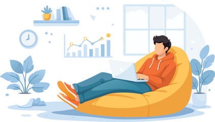 Obraz premium Freelancer Working at Home Laptop, Beanbag, Remote Work Illustration