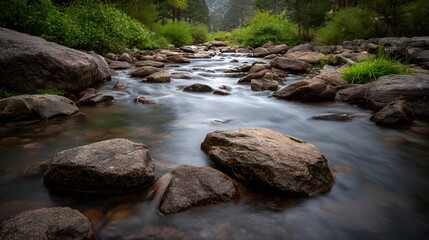 A gentle stream flows over textured rocks in a serene natural landscape