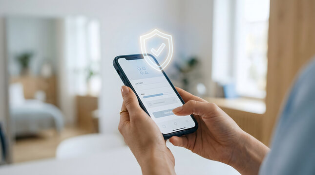 Secure mobile experience Close-up of hands holding a smartphone, displaying a glowing digital security shield with a checkmark, emphasizing online privacy and data protection in a home setting