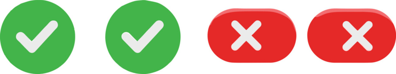 Obraz premium Green check mark icons and red cross symbols in circle and rounded buttons for UI design, validation, approval, and rejection.