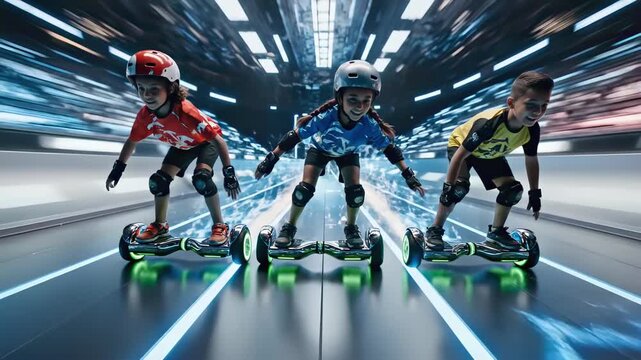 Determined children racing on hoverboards with dramatic sparks in a futuristic neon tunnel, competing for victory in an exhilarating and dynamic high-speed championship