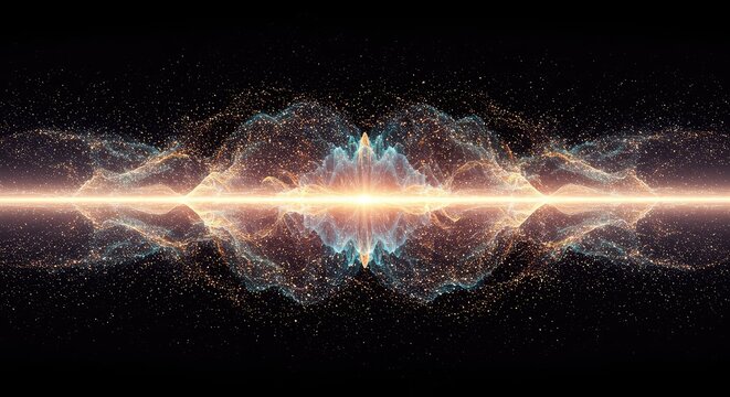 Ethereal energy field with shimmering particles and complex waves, illustrating unseen quantum vibrations and abstract science concepts, particle, core, blue