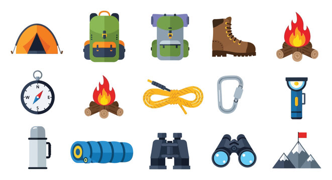 Colorful icons depict camping essentials like tents backpacks and boots representing outdoor adventure silhouette high quality professional detailed modern elegant stylish